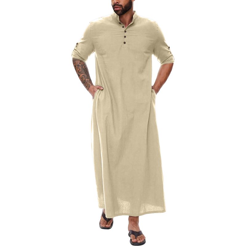 Túnica musulmana de estilo árabe, sencilla, de algodón y lino, larga, con cuello alto y botones para hombre._voghion.com