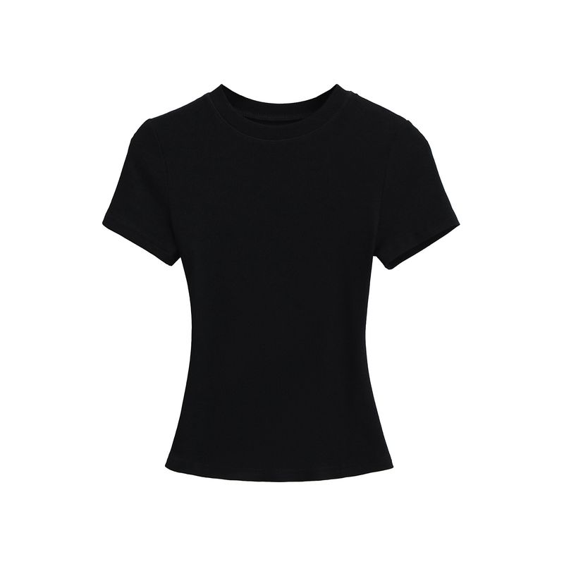 Maglietta sportiva elastica a maniche corte attillata in filo da donna, estiva, aderente, con scollo rotondo, tinta unita_voghion.com