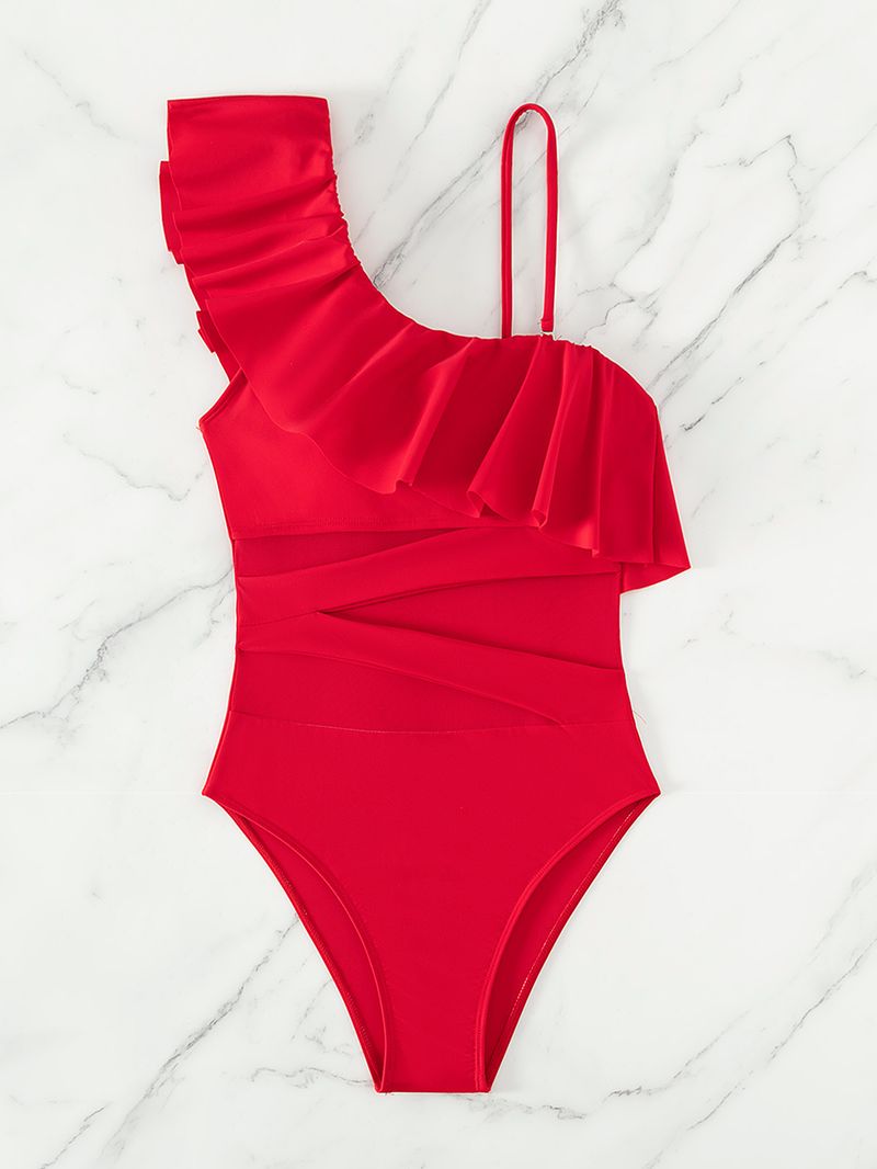2025 nou, lemn multicolor, marginea urechii, plasă cu un umăr, costum de baie sexy dintr-o singură bucată, bikini pentru comerț exterior european și american_voghion.com