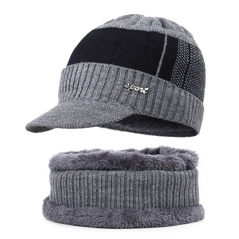 e sciarpa set berretto lavorato a maglia caldo foderato in pile moda invernale da uomo stile coreano scaldacollo cappello di cotone_voghion.com
