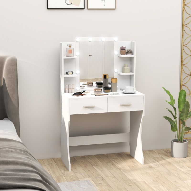 Lámpara LED Schminktisch Mit Spiegel Und Dimmbaren, Schubladen Und Regalen, Weiß_voghion.com