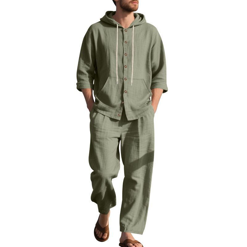 Men's Linen Hooded Shirt & Long Pants Set - Relaxed Fit, Breathable Fabric, Casual Beachwear For Spring & Summer_voghion.com