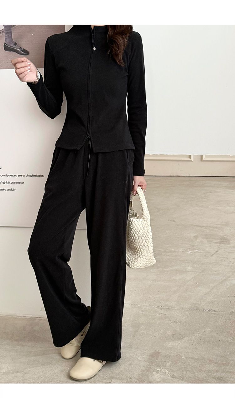 2025 Early Autumn Women's Tea Series High-End Slimming Two-Way Zipper Sweatshirt Wide-Leg Pants Sports Casual Two-Piece_voghion.com