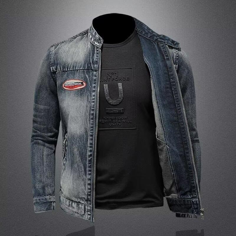 Men's Clothing Men's Denim Jacket Casual Retro Large Size Stand Collar Zipper Jacket Cycling Motorcycle Wear Trendy_voghion.com