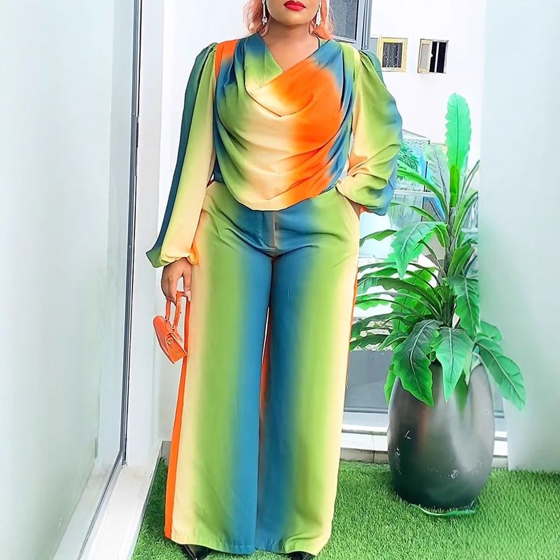 Women's Clothing Printed Swing Collar Wide Leg Pants Suit_voghion.com
