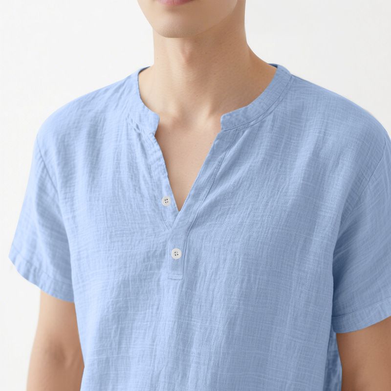 Camicia da uomo slim fit in lino, traspirante, a maniche corte, antipiega, elasticizzata, casual, tinta unita, per l'estate (bianco/nero/kaki/azzurro S-XXXL)_voghion.com