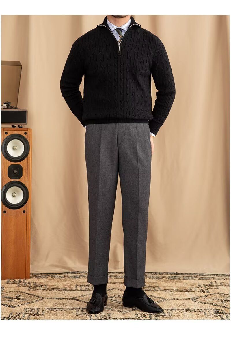 Men's Clothing Cozy Retro Zip-Up Knit Sweater For Men & Women, Soft Pullover With Embroidered Badge, Loose Fit Casual Wear, Black/White, Sizes M-3XL_voghion.com