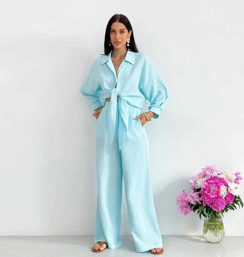 Kadın Giyim Yeni Günlük Takım Elbise %100 Pamuk Çift Katmanlı Oluklu Yaka Gömlek + Cep Geniş Paça Pantolon_voghion.com
