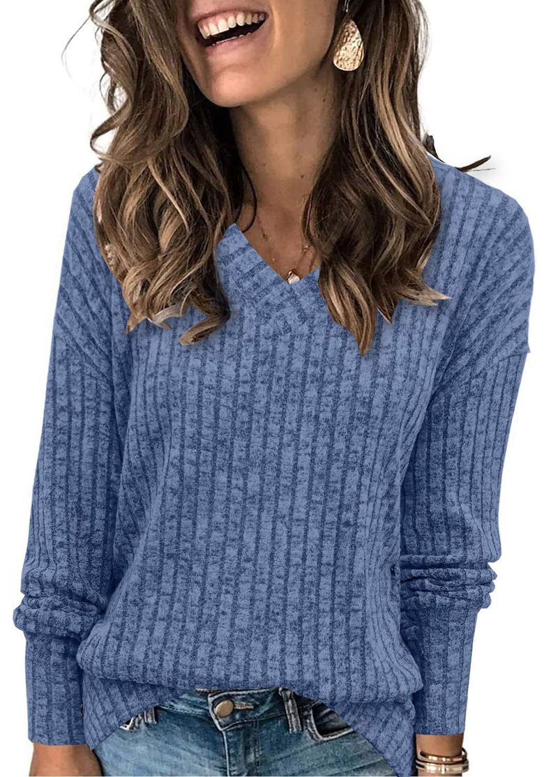 K Women's Long-sleeved V-neck Ribbed Brushed Knitted Top T-shirt_voghion.com