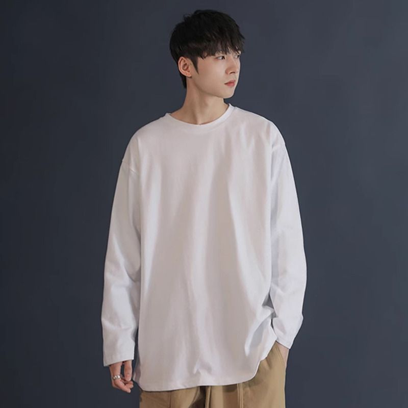 @Gangzai Maglietta a maniche lunghe in cotone bianco letterario da uomo, felpa ampia, strato interno in tinta unita, stile maschile_voghion.com