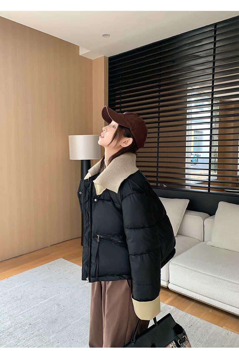 2024 European Knitted Short Down Jacket Women's Winter Fashion Splicing Doll Collar Cotton Coat Trend_voghion.com