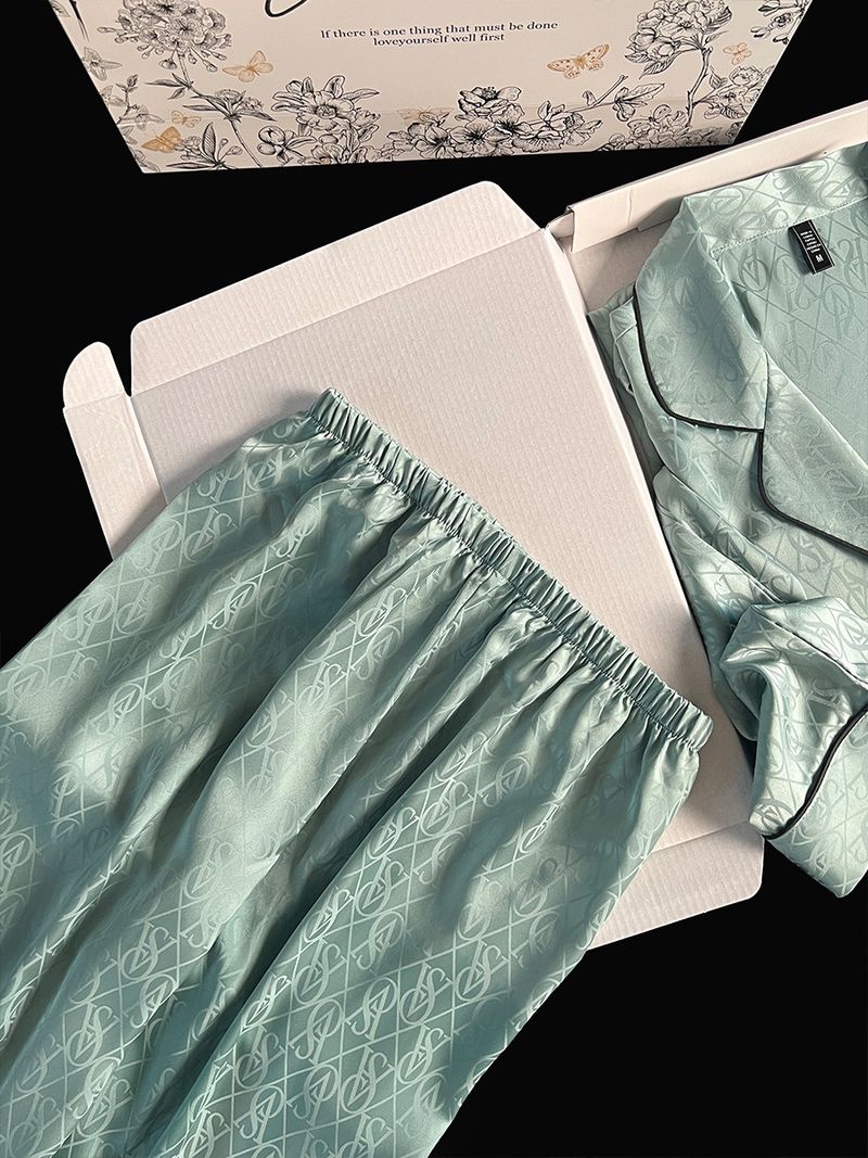 Roupa íntima e pijamas Pijama feminino estilo estampado em V, manga longa de seda, primavera e outono, roupa para casa pode ser usada ao ar livre_voghion.com
