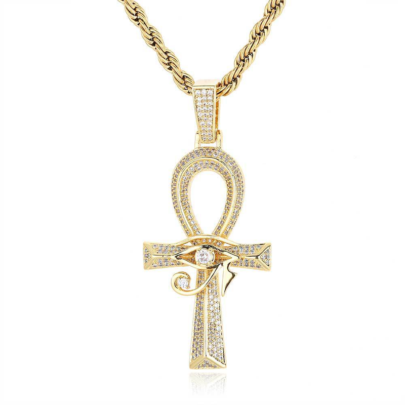 Hip Hop Oog van Horus Ankh Kruishanger Micro-inzet zirkoon retro persoonlijkheid kettingaccessoires_voghion.com