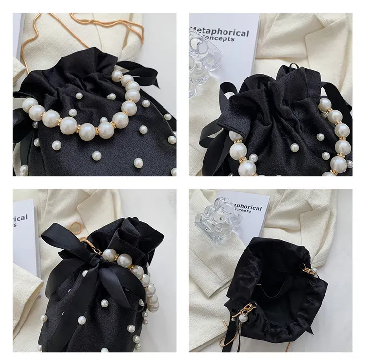 Borse a tracolla di marca per donna Borsa da donna di alta qualità Borsa a tracolla a secchiello femminile in seta imitazione perla nera con perline_voghion.com