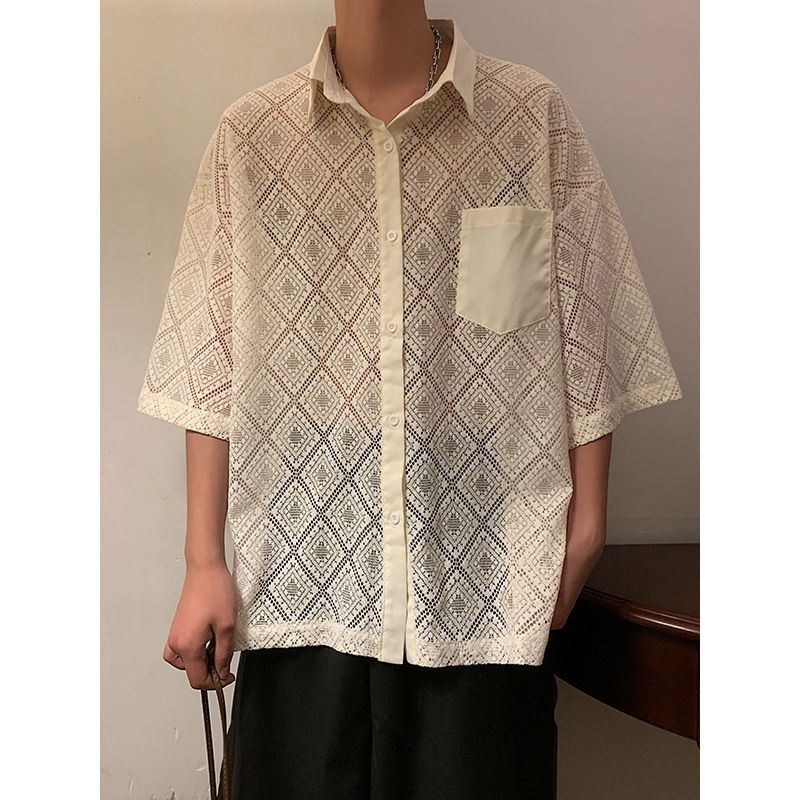 Camicia a maniche corte con risvolto sottile, da uomo, estiva, retrò, ampia, con tasche a 5 punti_voghion.com