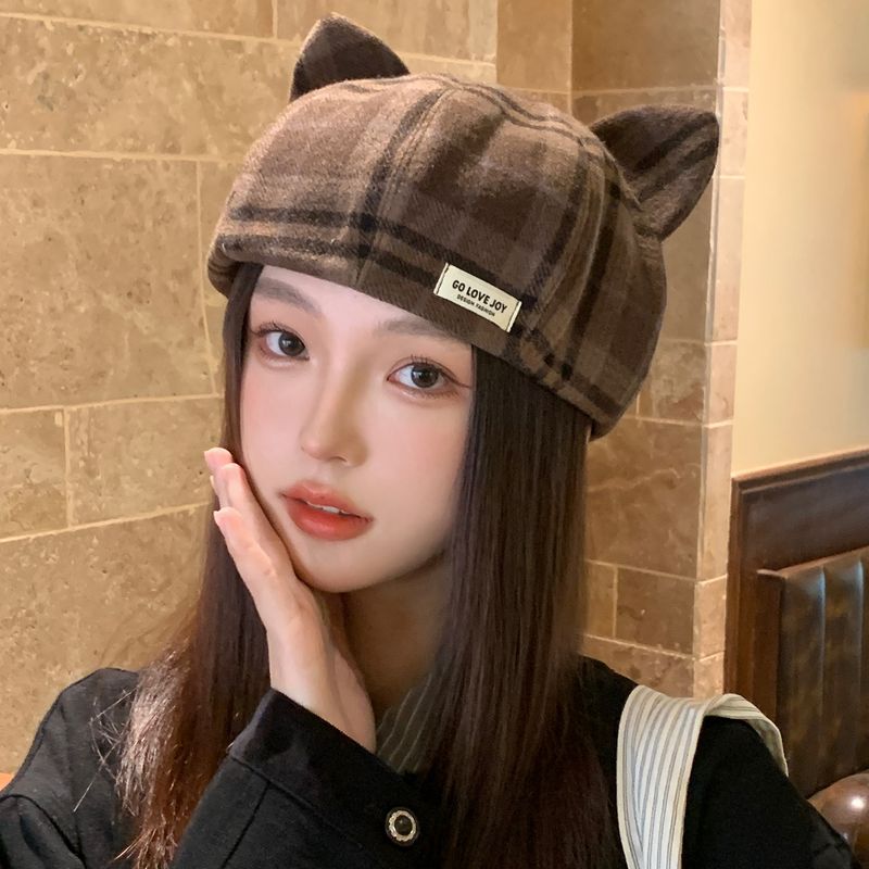 Cappello da donna con basco, simpatico gatto, trasparente, con linee artistiche che rivelano il viso e le orecchie, 2025, nuovo autunno_voghion.com