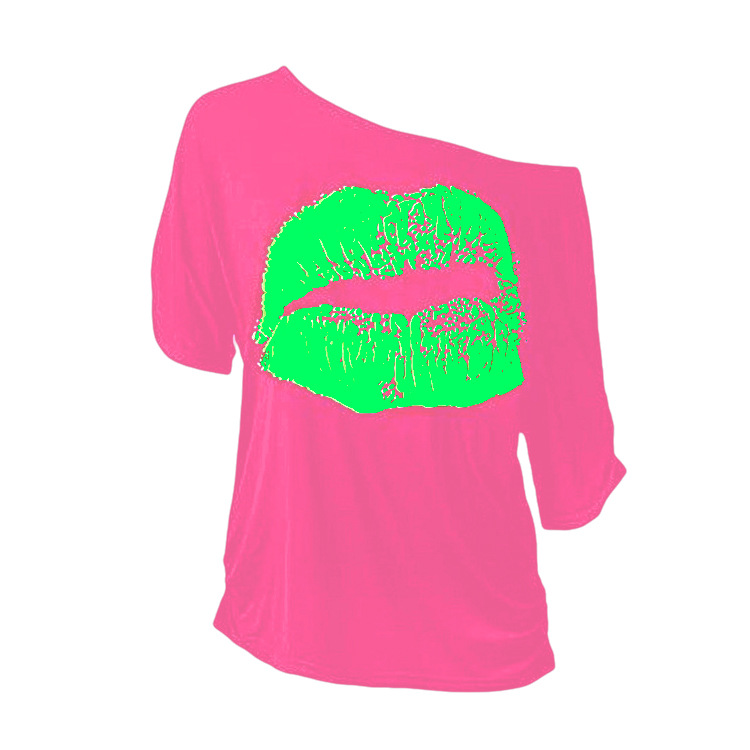 Damen Love bedrucktes Kurzarm-T-Shirt, schulterfreies, unregelmäßiges Ärmel, langes, modisches, schmales Oberteil_voghion.com