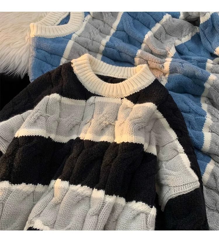 Gestreepte gebreide herentrui – dikke trui met ronde hals van katoenmix (bruin/blauw/zwart, M-XXXL)_voghion.com