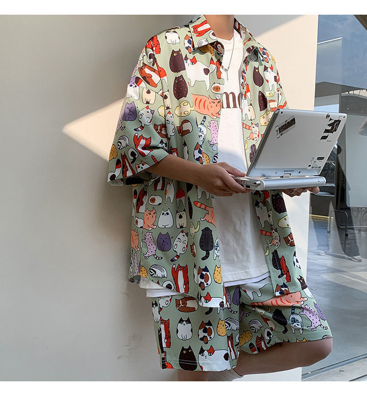 Herre Hawaii seaside strand feriedress herre løs pluss størrelse par trendy kortermet blomsterskjorte tilfeldig todelt sett_voghion.com