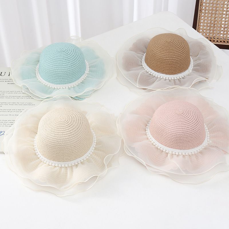 Piccolo set di cappelli e borse da spiaggia con ombrellone e parasole in paglia per bambini, con bordo ondulato fresco, estate, genitori e bambini_voghion.com