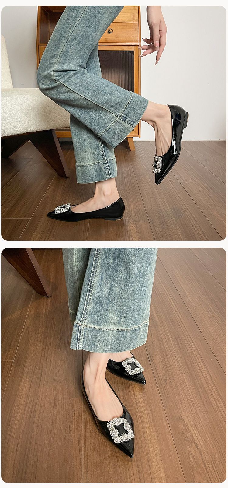 Zapatos franceses sencillos y poco profundos para mujer, zapatos planos de hada con un solo pedal y punta de diamantes de imitación para boda._voghion.com