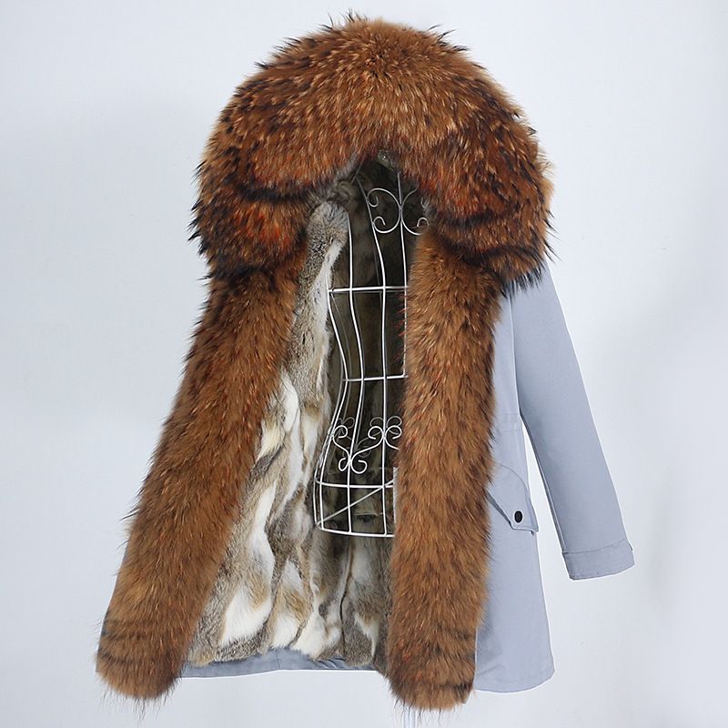 Damenbekleidung Abnehmbarer Innenmantel mit Fuchspelzkragen Mittellang Modischer warmer Kapuzenmantel_voghion.com