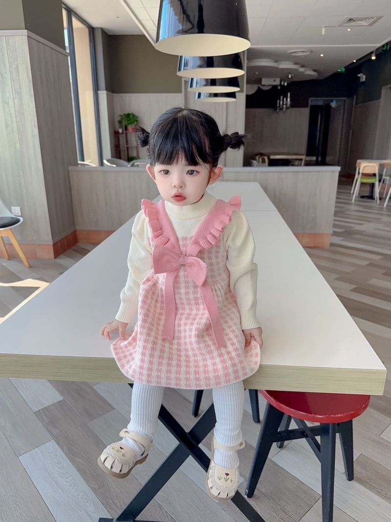 Mädchenkleid, ausgefallenes kleines Mädchen, süßer Strickpullover mit Schleife, Kinderkleid_voghion.com