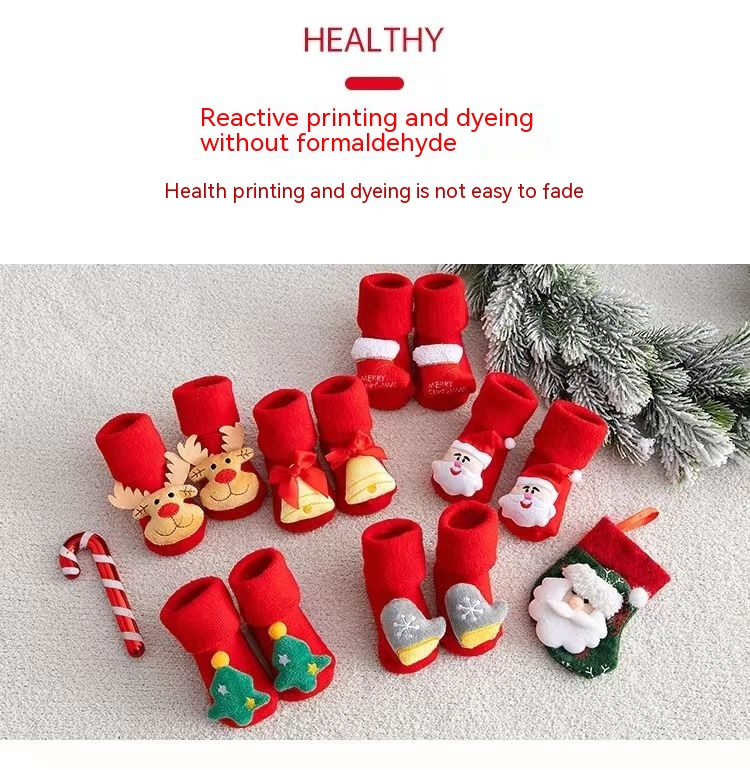 Children's floor Christmas plush loops, cartoon new year red figurines, medium size baby socks,_voghion.com