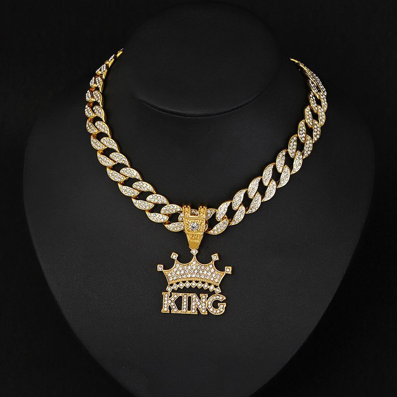 Men's Hip Hop Full Dia Crown Letter KING Pendant Street Trend Cool Alloy Necklace Accessories Men_voghion.com
