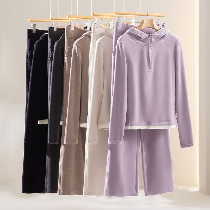 Oberbekleidung Zweiteiliges Kapuzenpullover Elastische Taille Weite Beinhose Sportmode Casual Set Damen High-End_voghion.com