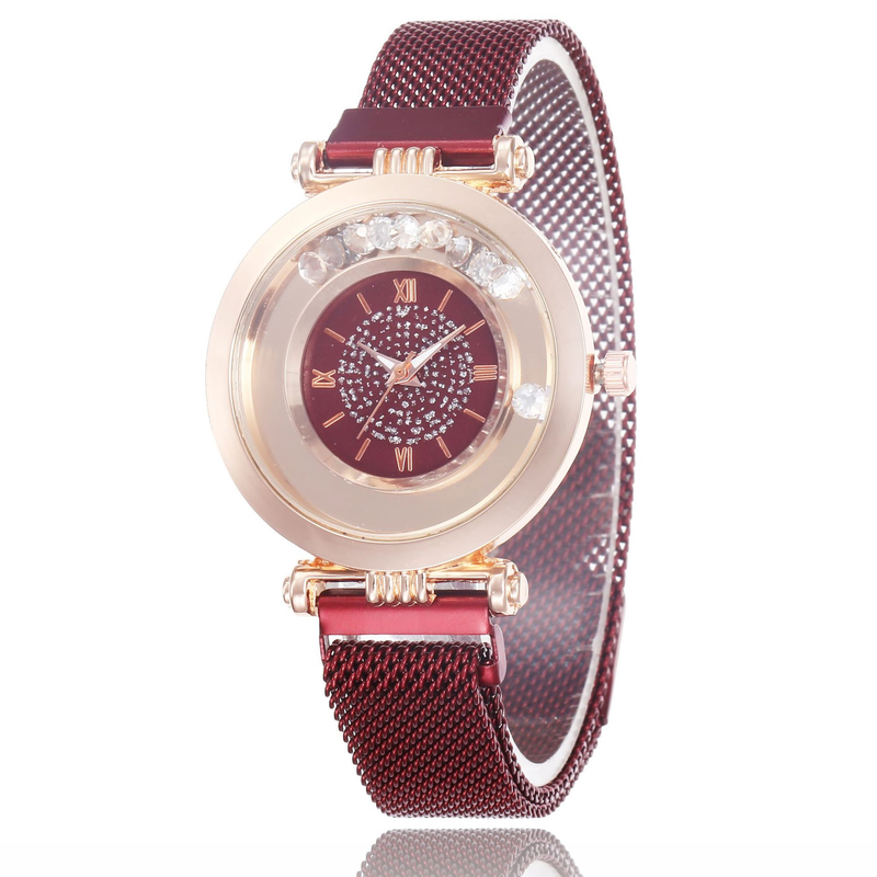 Cost performance full diamond ball quicksand women's mesh quartz ultra-thin Roman digital magnet watch_voghion.com