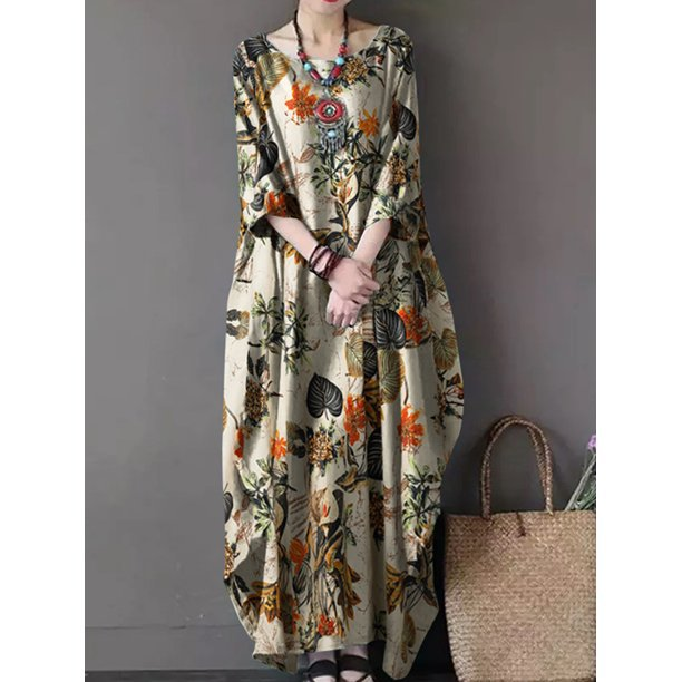 Robe décontractée en coton et lin pour femmes, grande taille, imprimé, style national, rétro, pull ample, col rond_voghion.com