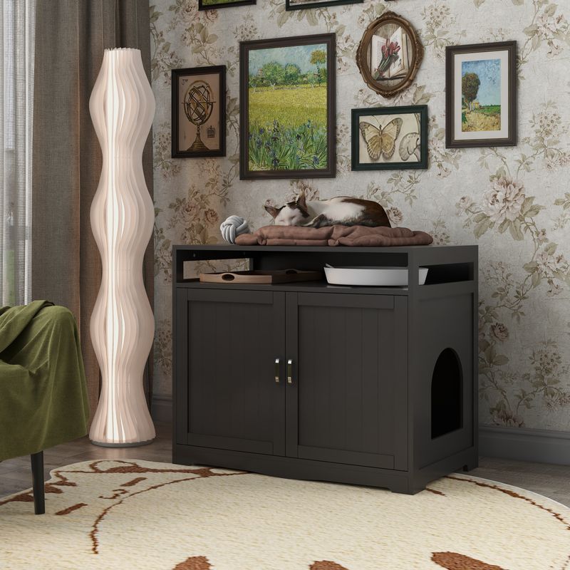 Litter Box Enclosure, Cat Litter Box Furniture With Hidden Plug, 2 Doors,Indoor Cat Washroom Storage Bench Side Table Cat House, Large Wooden Enclused Litter Box House, Esspresso_voghion.com