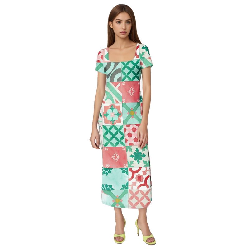 Neues Damenkleid mit Mesh-Rundhalsausschnitt, kurzärmelig, rückenfrei, schmale Passform, langer Rock LA0104_voghion.com