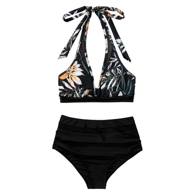 Maillot de bain une pièce sexy ajouré couleur unie, maillot de bain une pièce en maille épissée, taille haute, décolleté plongeant_voghion.com