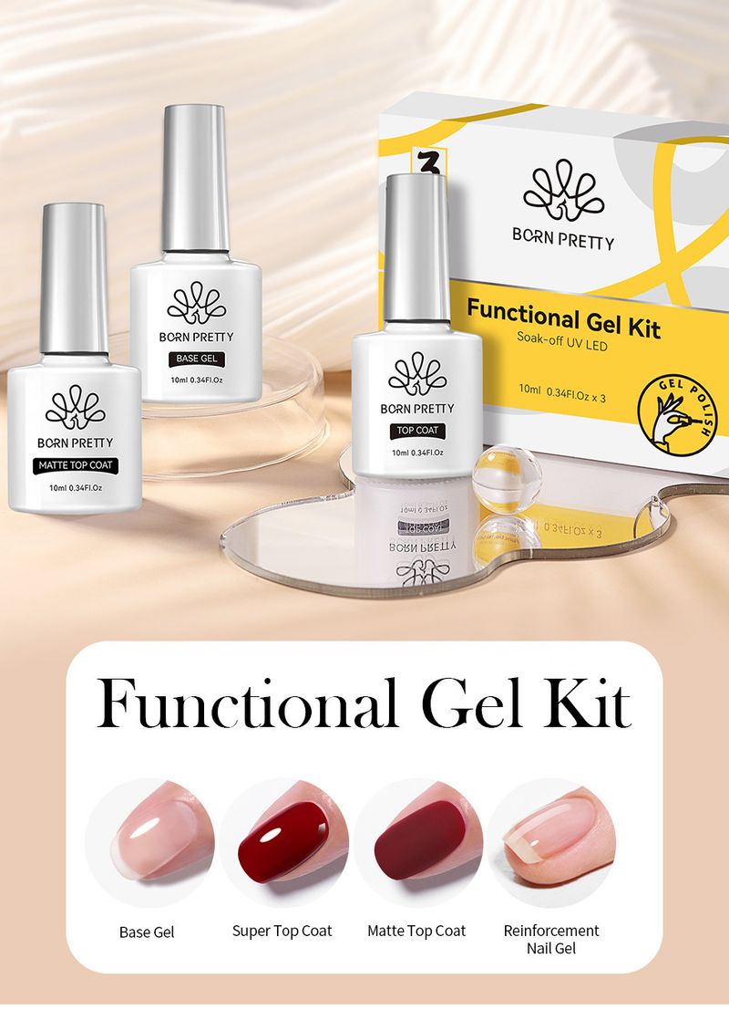 Conjunto de esmaltes em gel BORN PRETTY - Base + Top Coat + Fortalecedor | Kit de gel funcional em caixa para salão profissional e manicure faça você mesmo_voghion.com