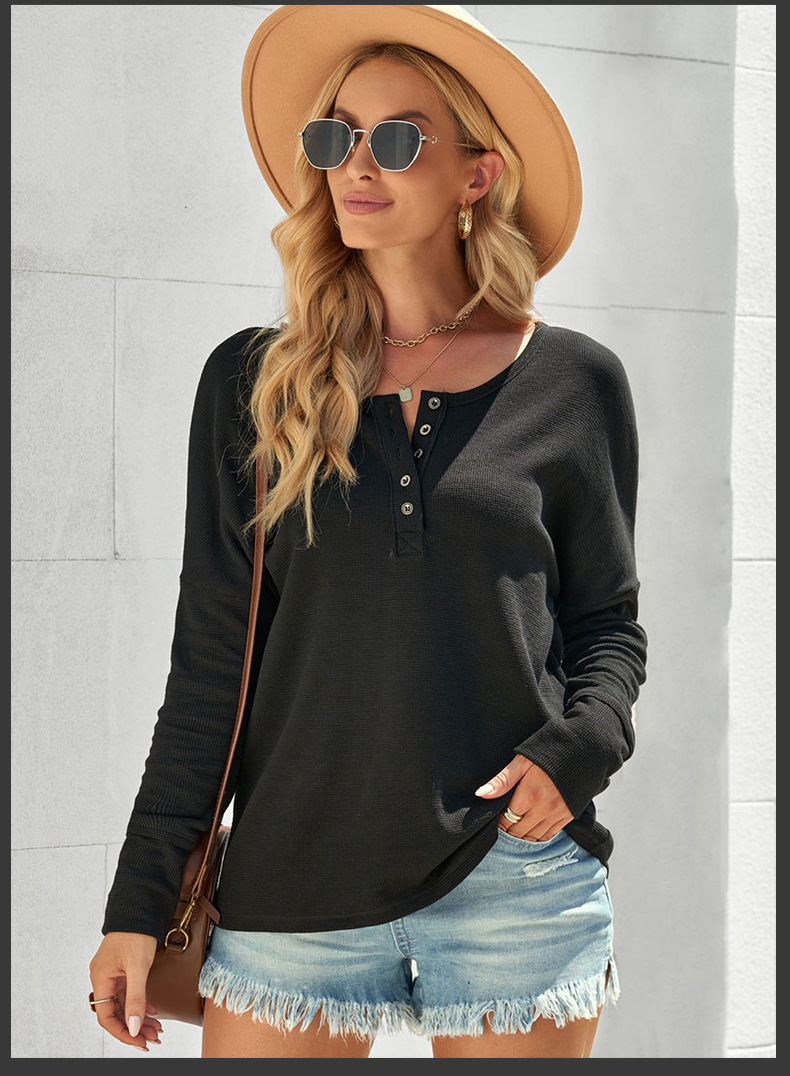 Women's Clothing Long-sleeved Knitted Sweater Bottoming Top Autumn and Winter New Round Neck Slim Button Waffle Bottoming Shirt_voghion.com