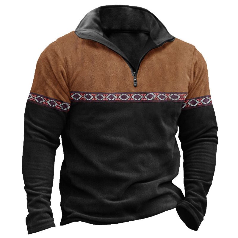 Großes Patchwork-Poloshirt mit Reißverschluss-Kapuze für die tägliche Freizeit im Freien_voghion.com