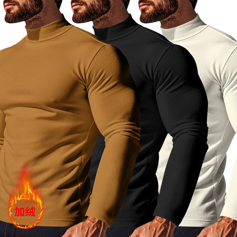 Autumn Winter Thermal Long Sleeve T-Shirt Skin-Friendly Soft Base Layer Half Turtleneck Men's Three-Piece Set_voghion.com