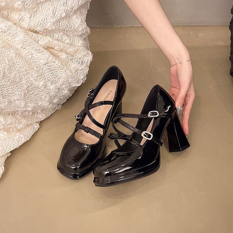 Platform High Heel Silver Mary Jane Women's Shoes, One Strap Square Toe Single Shoes_voghion.com