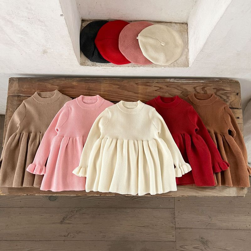 Kleinkind Mädchen Kleidung Baby Baumwolle Trompete Manschetten Wollkleid Säugling Frühling und Herbst Pullover Kleid_voghion.com