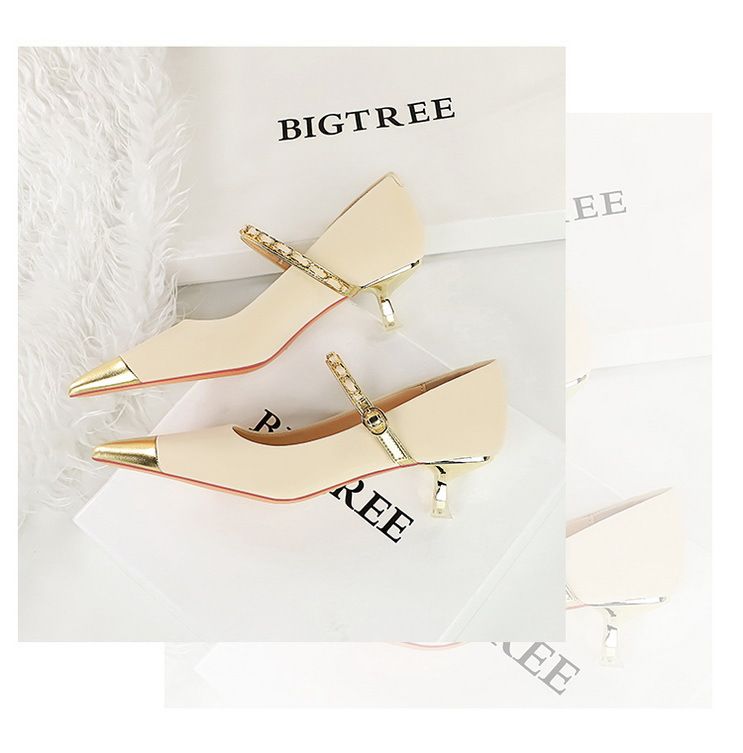 Fashion elegant light luxury party women's shoes medium heel shallow mouth pointed metal chain with a single shoe_voghion.com