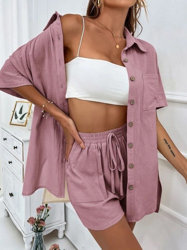 Vêtements pour femmes, short tendance, deux pièces, couleur unie, chemise, costume décontracté, ample, manches courtes, simple boutonnage_voghion.com