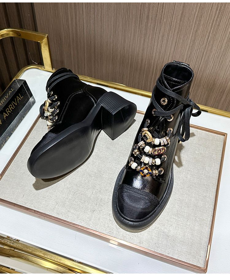 Color Matching Lace Up Short Boots High End Genuine Leather Martin Boots For Women Street Blasting Sweet And Cool Knight Boots_voghion.com