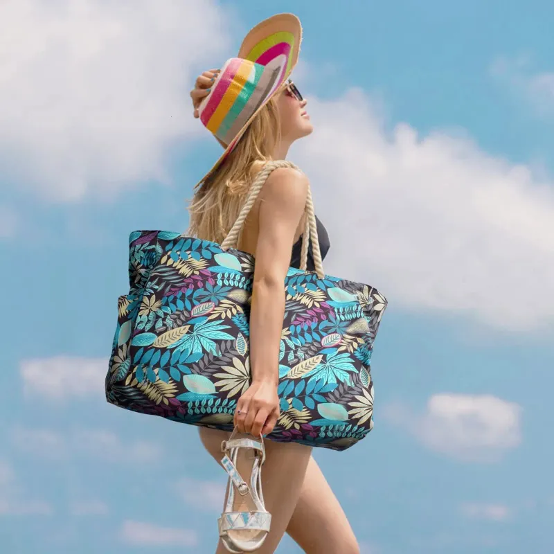 Striped Zipper Outer Bag For Outdoor Travel Vacation Waterproof And Sand Resistant Canvas Convenient Folding Beach_voghion.com
