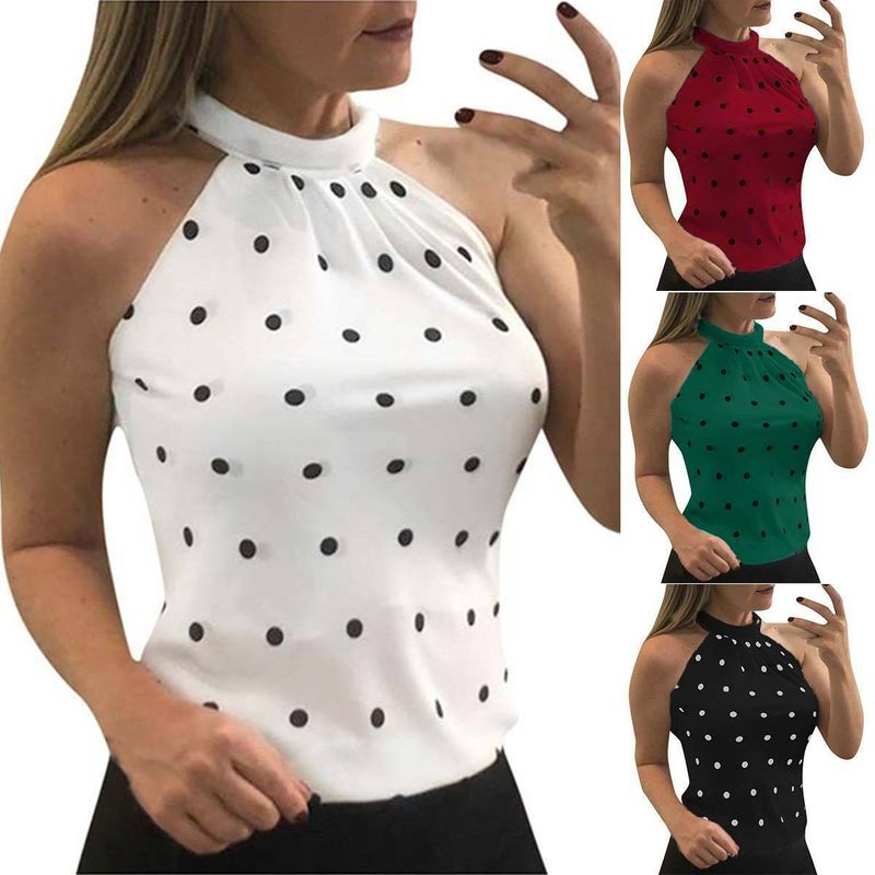 Ropa de mujer Camiseta sin mangas ajustada con estampado de lunares y ondas con cuello colgante_voghion.com
