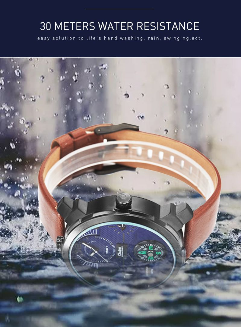 Men's Stylish Sports Quartz Watch With Compass & GMT Function, Large 54mm Dial, Genuine Leather Strap, Mineral Crystal Multi Time Zone Watch_voghion.com