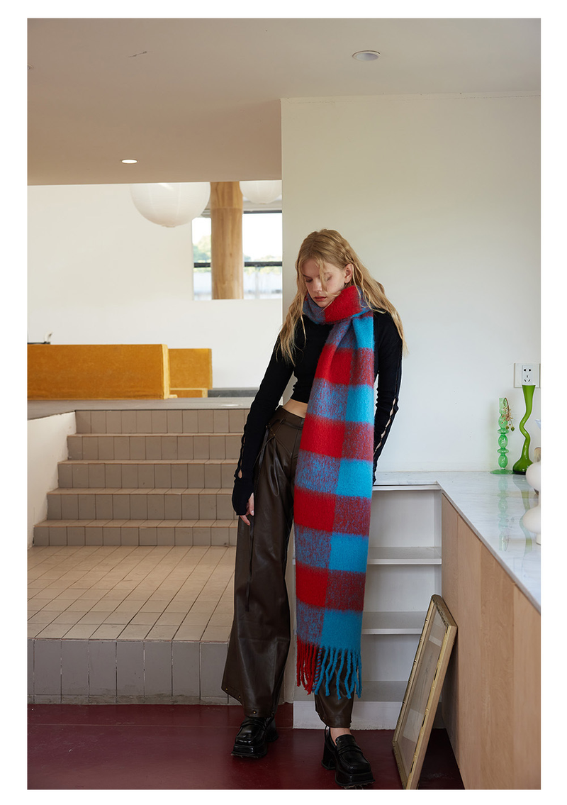 Sciarpa retrò in lana a quadri grandi da donna, autunno e inverno, calda e morbida, con atmosfera cerosa_voghion.com