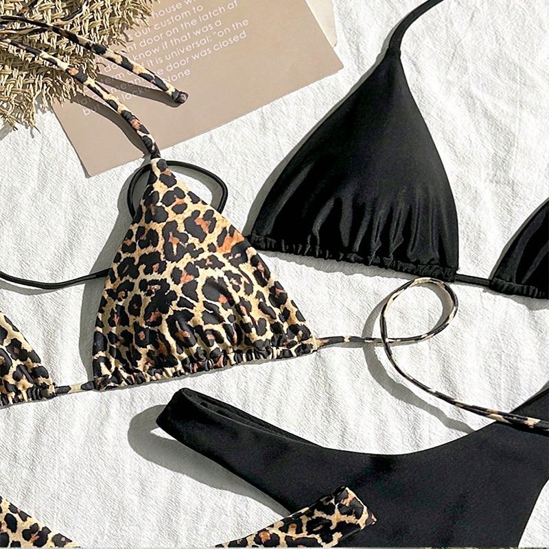 Maillot de bain deux pièces sexy imprimé léopard, couleur unie, pour femmes, pour la plage, les sources chaudes, quatre pièces_voghion.com