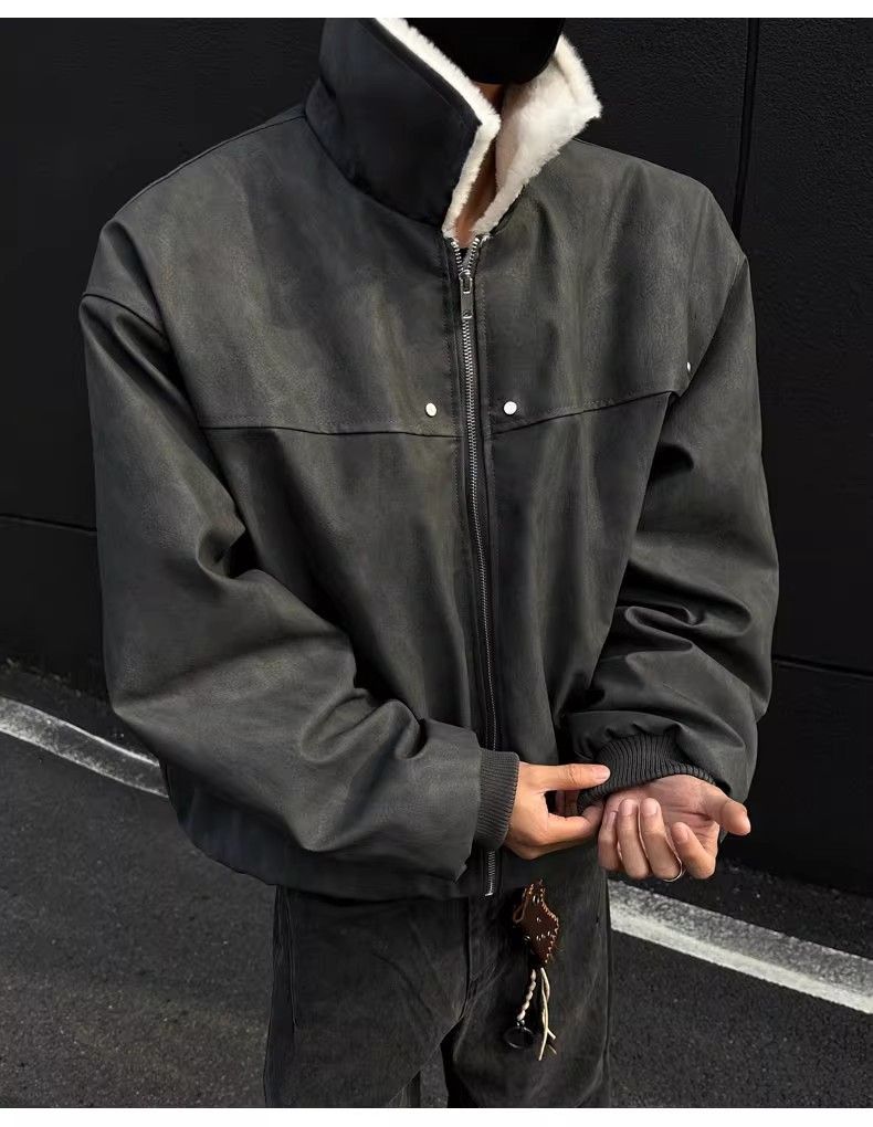 Men's Retro PU Leather Shearling Bomber Jacket, Thickened Short Puffer Coat With Stand-Up Collar, Maillard Style Vintage Aviator Jacket For Winter_voghion.com